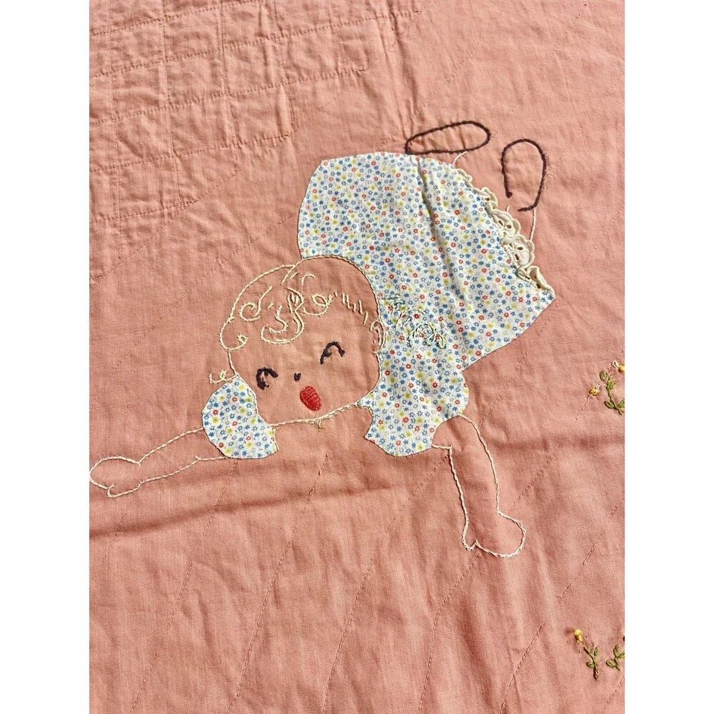 Antique 1930s Hand Embroidered Hand Made Quilt Blanket Nursery Jack Jill Rhyme